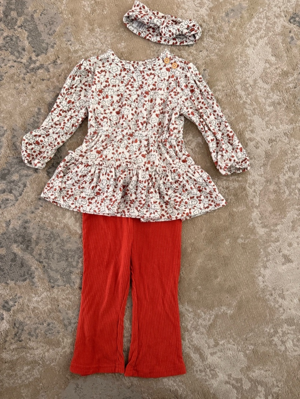 Rachel Zoe Cream Floral Long-Sleeve Top with Rust Accent 3pc set w headband 18M